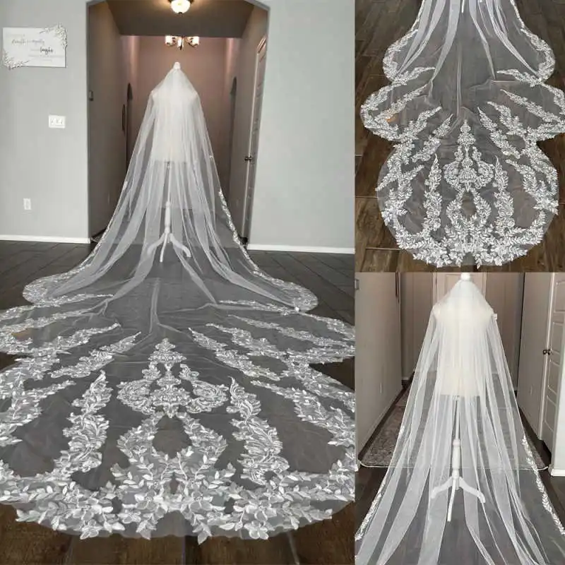 Gorgeous Wedding Veil Appliques  One Layer Long Cathedral Length Veils Lace Edge For Bride Voile  Velo De Cabeza Customized