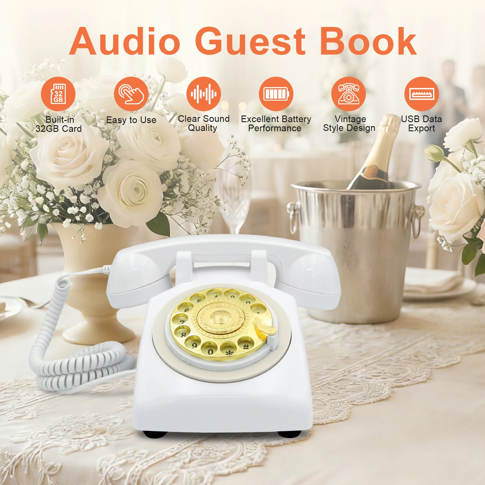 Retro Recording GuestBook Phone Vintage Audio Message Board Telephone for Wedding Guest Blessing Interactive Sign-in Keepsake