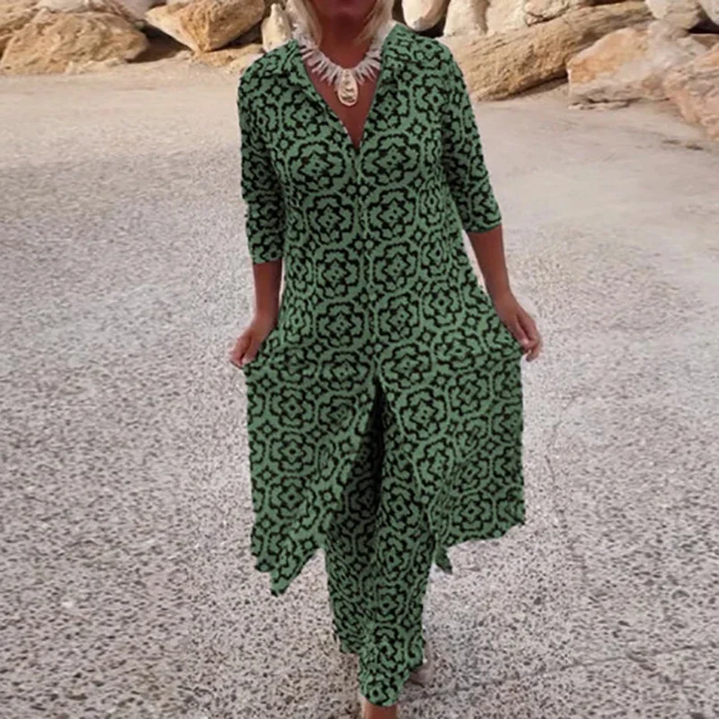 لطيفة الربيع الصيف رقيقة فضفاضة قطعتين مجموعة عارضة نمط مطبوعة البوهيمي الزي سيدة التلبيب نصف كم قميص مع السراويل الطويلة