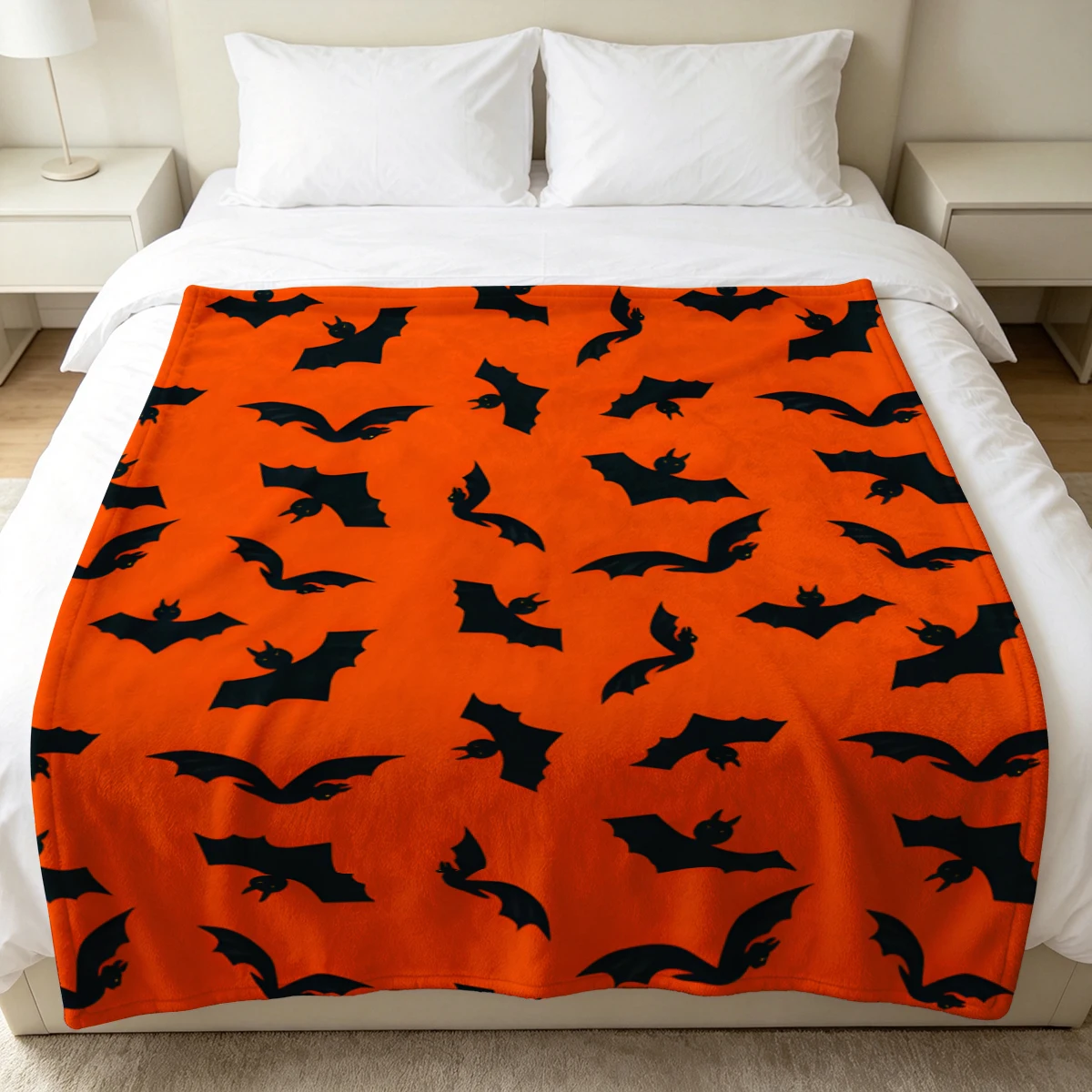 Orange Bat Figures Flannel Blanket Warm Soft Halloween Christmas Decorative Couch Warm Cozy All-Season Gift
