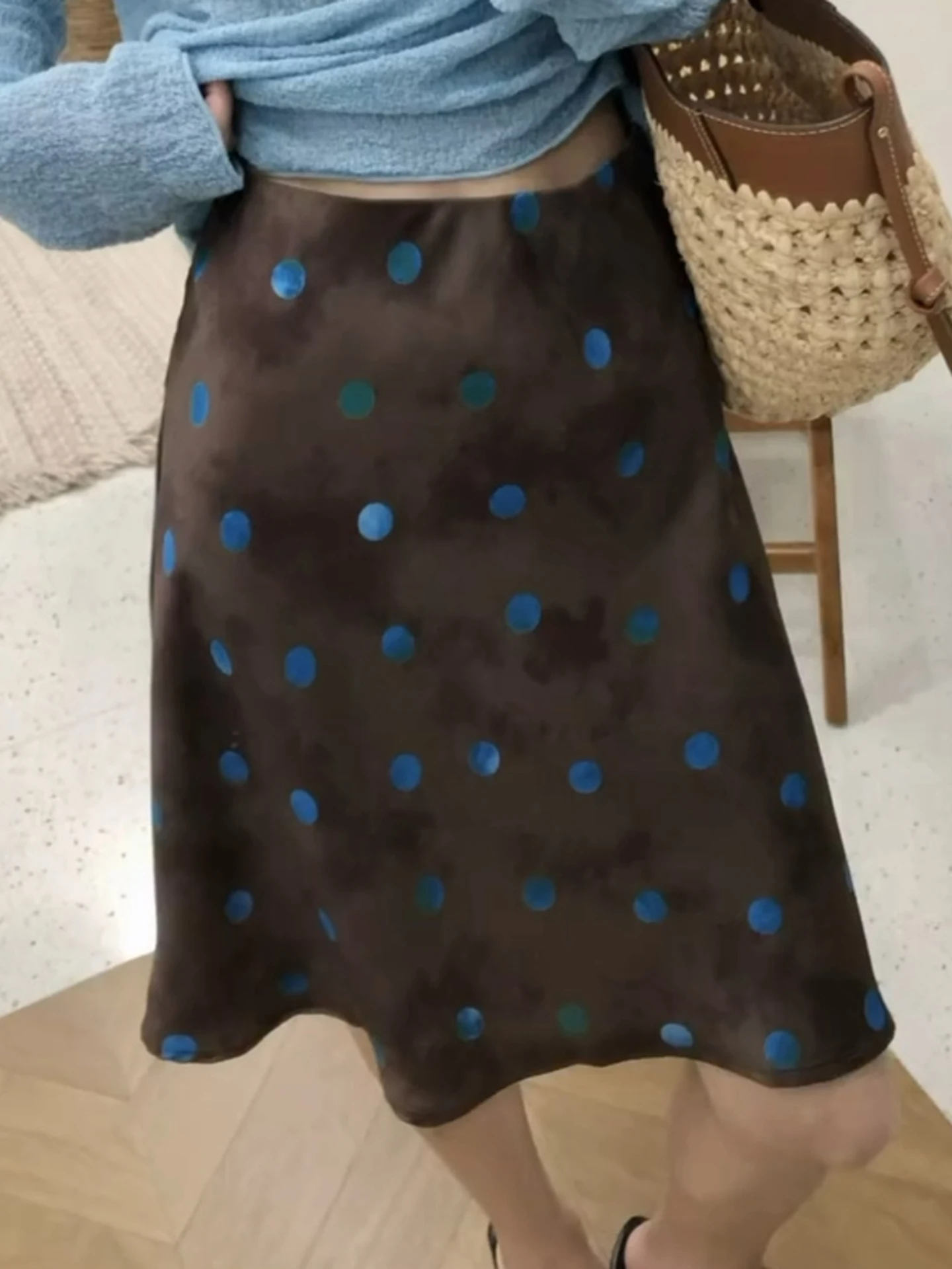 Deep Coffee Polka Dot Half Skirt Women's High Waist Slim A-Line Fish Tail Short Skirt Korean Style Summer New Arrival