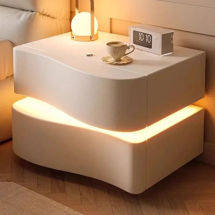 

Technology China Wholesale Modern Bedside Cabinet with LDE Light White Black Genuine Leather Wooden Bedside Storage Cabinet