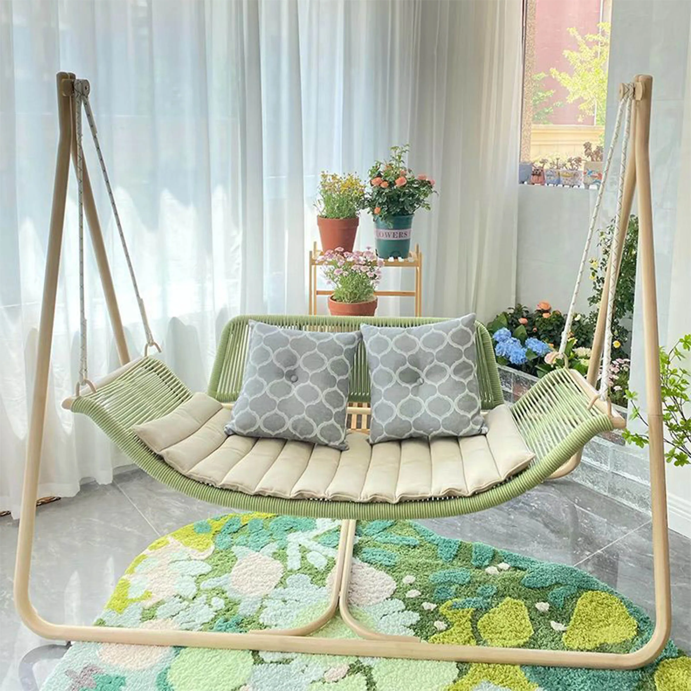 

New Design Metal Wicker Rattan Outdoor Patio Lounge White,Egg Encase Rope Double Swing Rocking Hanging Chair Shenzhen/