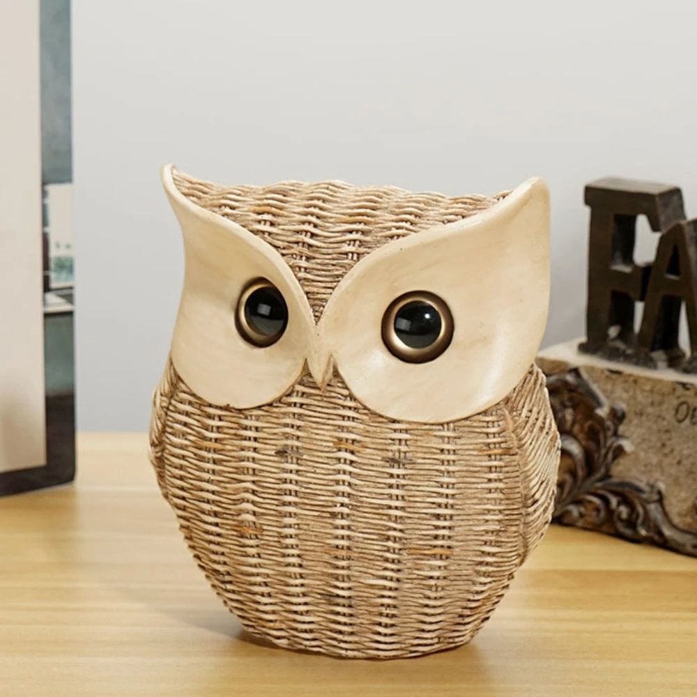 NORTHEUINS Resin Wise Night Owl Biomimetic Rattan Weaving Figurines Animal Statue Retro Art Ornaments Home Interior Decorations