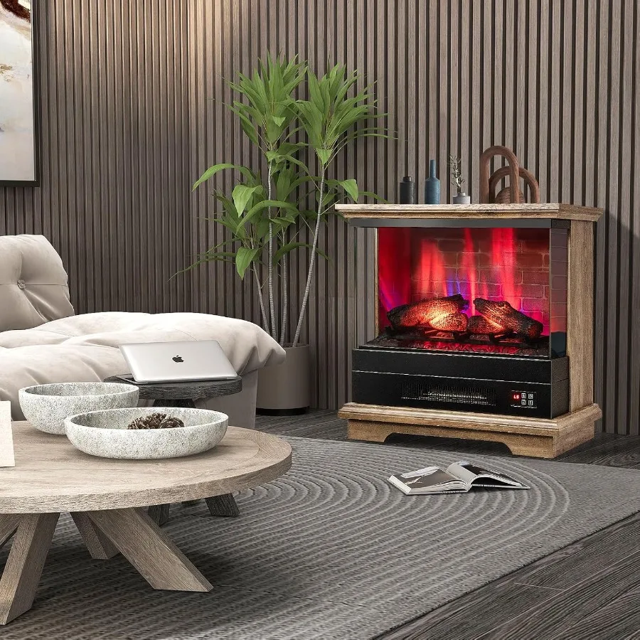 

3-сторонний электрический камин без сборки, 27 дюймов, отдельно стоящий камин 4780 БТЕ с каминной каминкой, 7 цветов пламени, пульт дистанционного управления, 6 часов, тайм