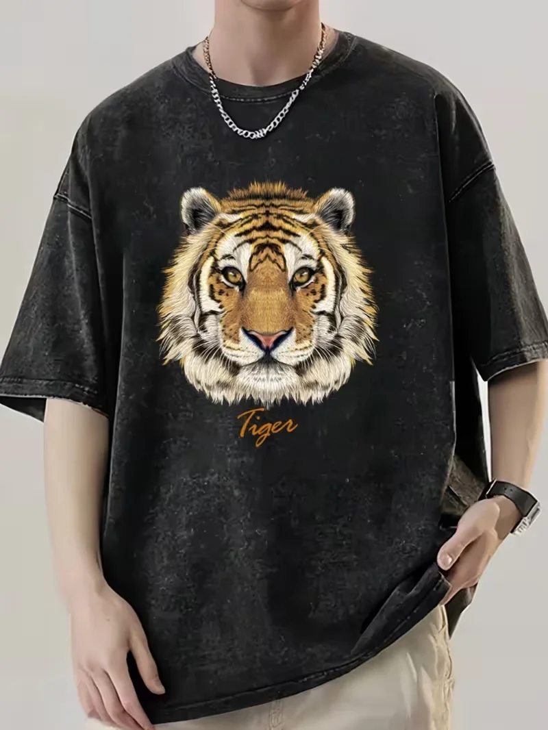 Vintage Washed Tiger Head Print Oversize T Shirt Distressed Animal Graphic Streetwear Tee Casual Loose Fit Hip Hop Y2K Top