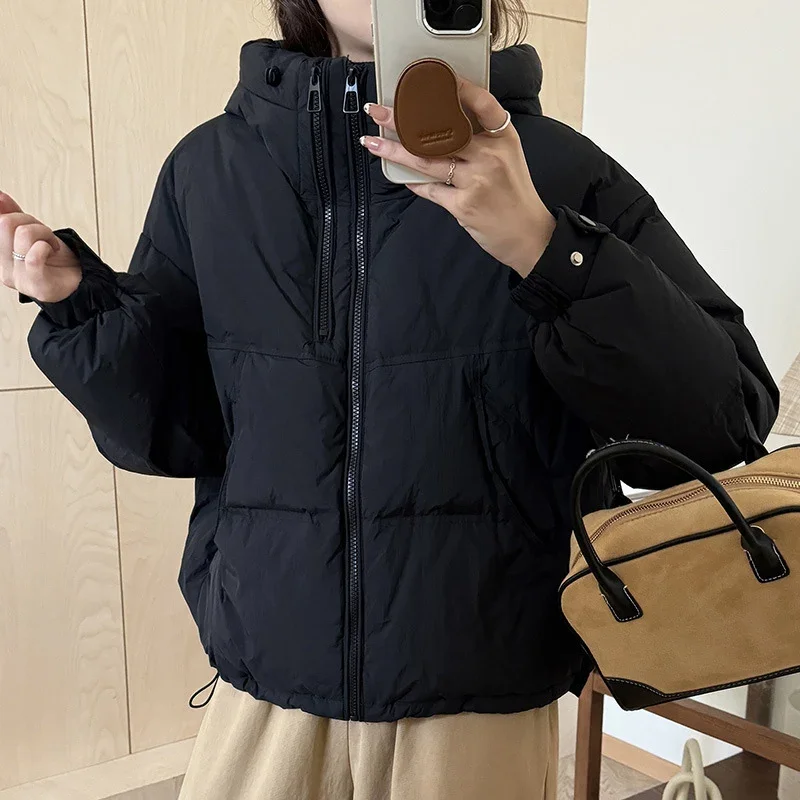 후드가 있는 가을 겨울 따뜻한 캐주얼 루즈 오버사이즈 따뜻한 아우터 2026년 신상 숏코트 여성용 화이트 덕다운 재킷