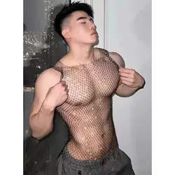 Nightclub Men's Tshirts Sexy Fishing Net Sleeveless Square Neckline Hollowed Out Paired Stage Costumes Tank Top for Men