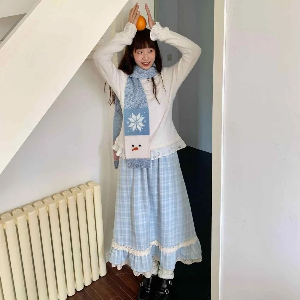 

Cute Snowflake Snowman Pattern Scarf Lightweight Korean Style Cashmere Blend Scarf Warm Windproof Knitted Shawl Unisex