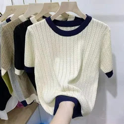 Summer Korean Short Soft Knit Short Sleeved T-shirt Women's O-Neck Color Block Screw Thread Design Simple Versatile Sweater Top