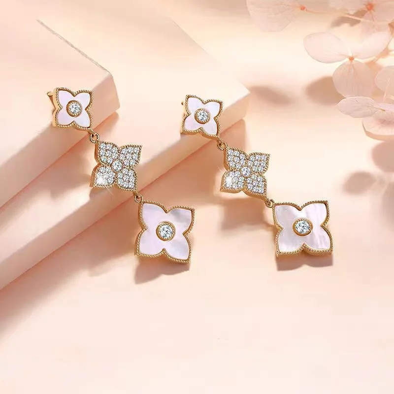 Gold Color Three-Section Four-Leaf Clover Earrings  Fashionable Four-Leaf Clover Women's Earrings  Wedding Gift Accessories