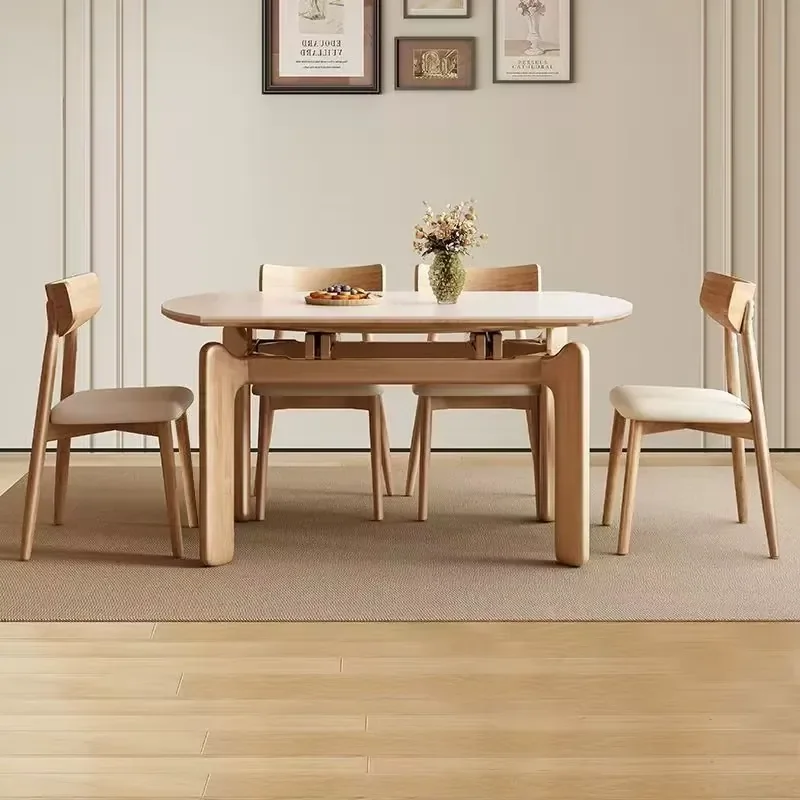 #Modern Cream & Ash White Solid Wood Dining Table Elephant Leg Japanese Style Rectangular Stone Slab Extendable and Assembled
