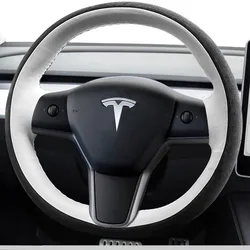 Hand Stitched black white Genuine Leather suede car Steering Wheel Cover For Tesla Model 3 2015-2021 Model Y 2019-2021