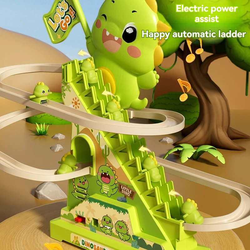 Hot New Dinosauro Scala Arrampicata Luci lampeggianti e musica Montagne russe Pista Giocattolo Genitore Bambino Giocattoli interattivi per scale mobili