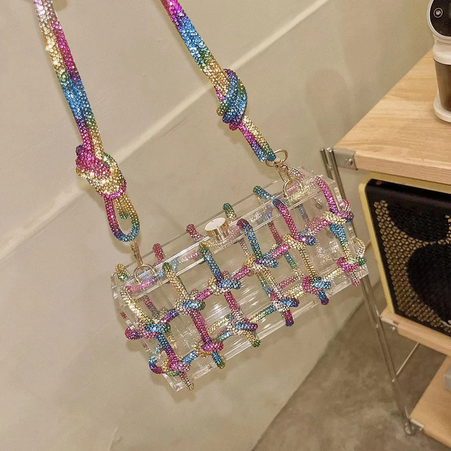 Crystal-Embellished Rope Acrylic Clutch Rhinestones Evening Shoulder Bag Pvc Women Luxury Clear Party Wedding Knot Cute Handbags