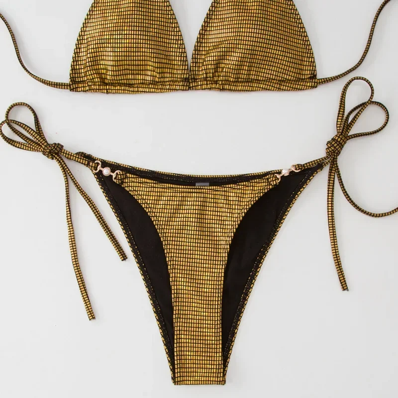 sexy shinny gold sequine bikinis sets two pieces padded thong halter string swimwear female bathing suit biquini tankini