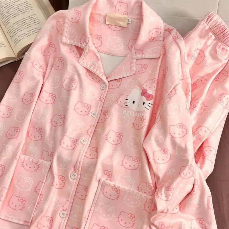 

2Pcs Sanrios Cute Pajamas Hello Kittys Student Long Sleeve Trousers Set Warm Loose Simple Turn Down Collar Print High End Gifts