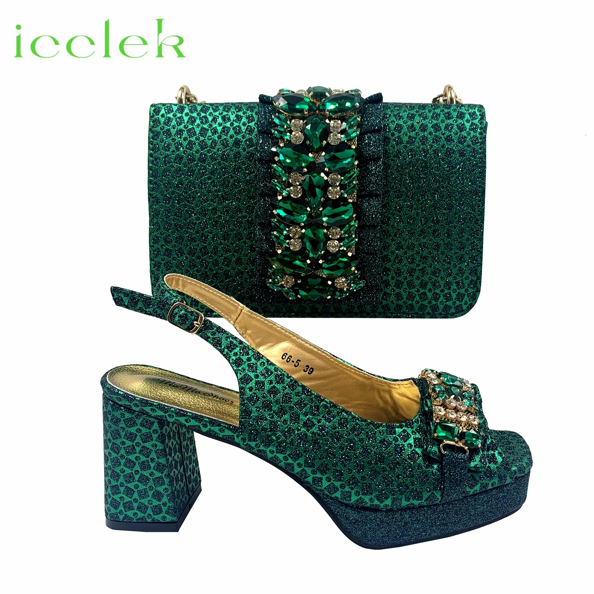 

2025 Elegant Women's Peep Toe Heels and Matching Green Color Diamond Pumps Set Stylish Italian Shoes and Bags for Parties