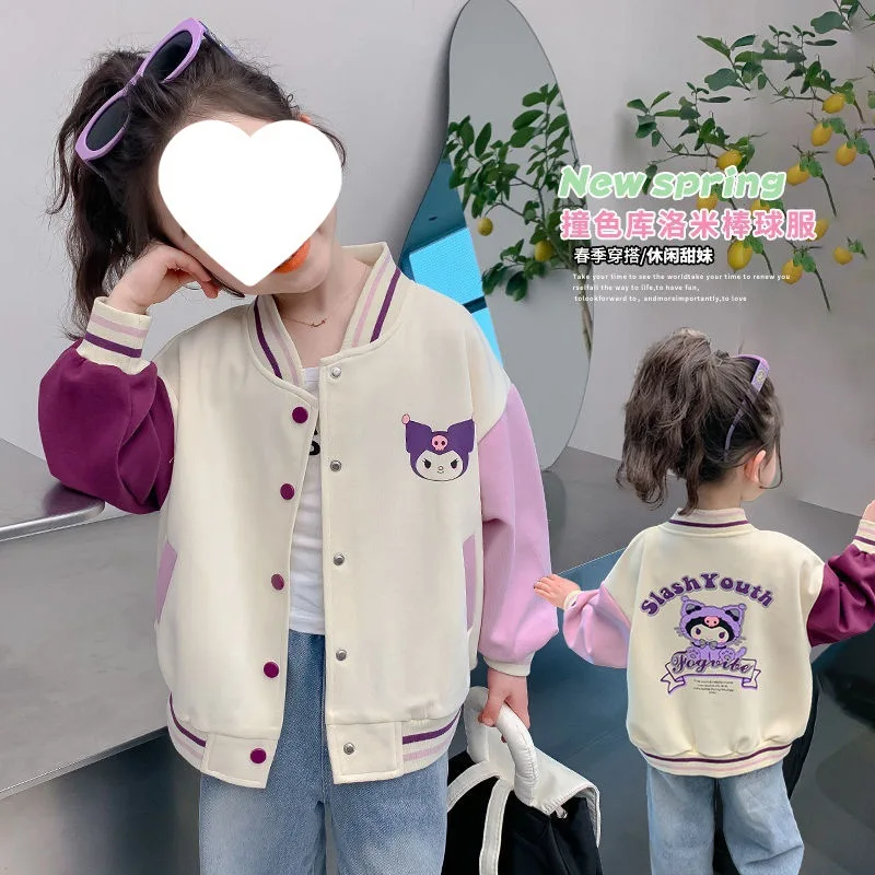 

2024 Girls Kuromi Baseball Coat Sanrio Kawaii Anime Autumn Sweet Cute Cartoon Fashion Children Shirt Lovely Clothes Gift for Kid