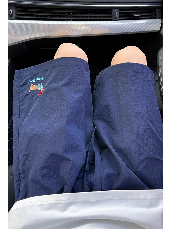 

Trendy Youth Summer orts Embroidered Ice Silk Qui Dry Men's Five-Quarter Length Beachwear Casual Straight Leg Pants