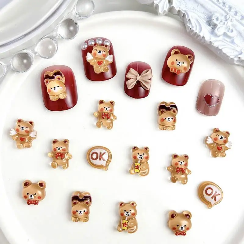 30PCS Resin Kawaii Cartoon Bear Nail Art Decoration Cute Brown Bear Nail Charms Accessories for DIY Manicure Ornaments