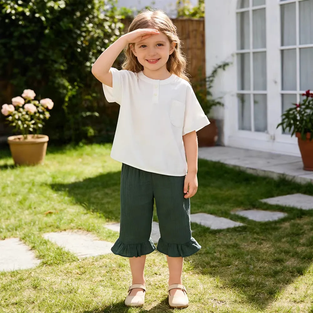 

2026 Spring Summer Kids Baby Girls Pant Ruffle Toddler Girls Capri Pants Pure Cotton Newborn Girls Casual Pant Ventilate Trouser