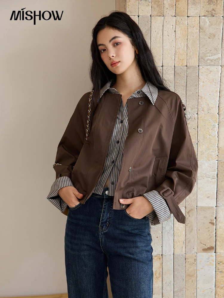 

MISHOW Brown Fake Two-piece Jacket for Women 2025 Autumn Winter New Retro College Style Striped Splicing Short Coat MXE48W0889