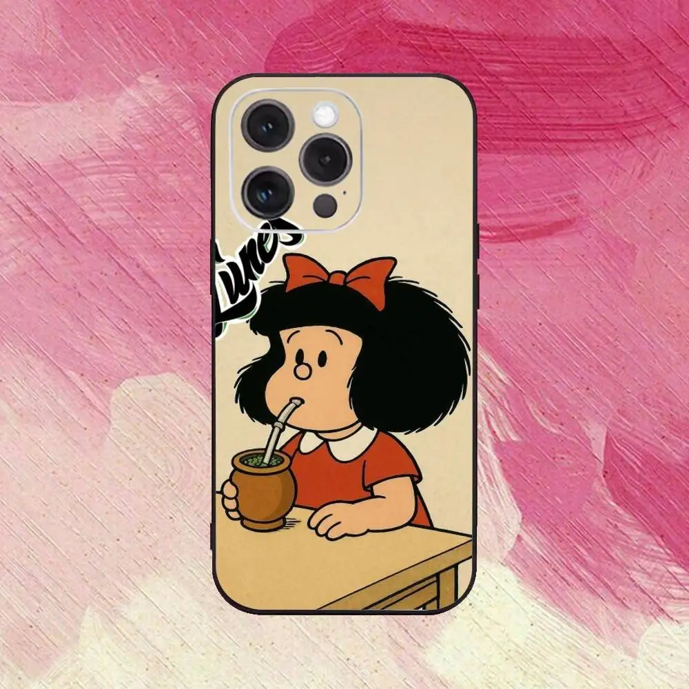 Hot Mafalda telefoonhoesje voor iPhone17,16,15,14,13,12,11 Plus, Pro Max zachte zwarte hoes