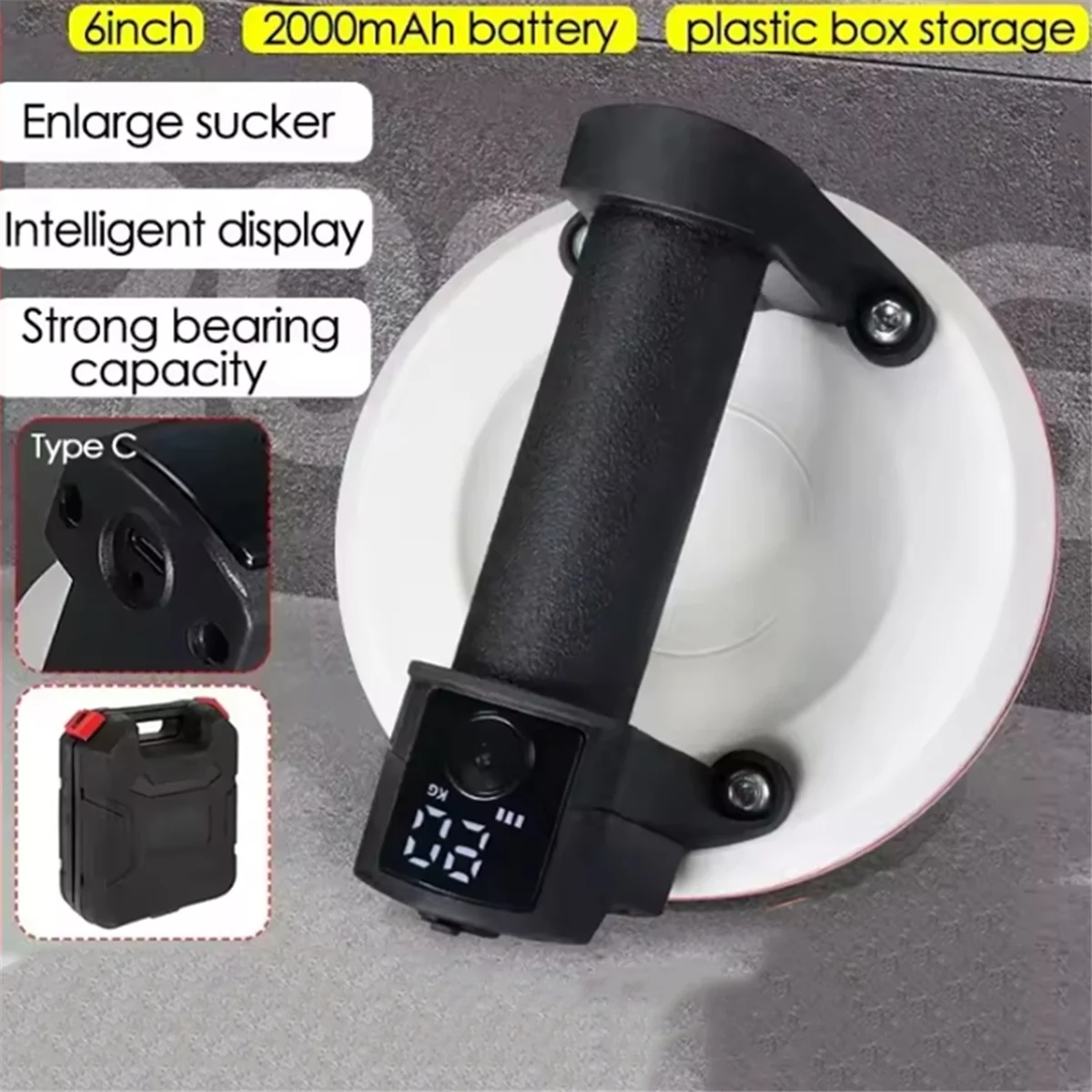A002 Smart Display 6inch Electric Vacuum Suction Cup 200KG Load Heavy Duty Tile Glass Lifter 2000mAh Battery with Box Storage