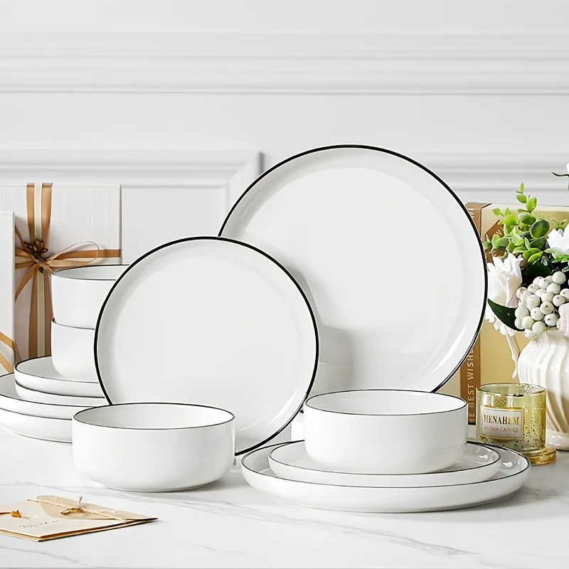 

12/24pcs Ceramic Dinnerware Set, Modern White Porcelain Plates And Bowls. Suitable for Kitchen & Restaurant & Weddings & Dinner Use. Serving for Steak, Pasta, Salad, Dessert. Microwave & Dishwasher & Oven Safe. Family Serving/ Valentine's Day Gifts