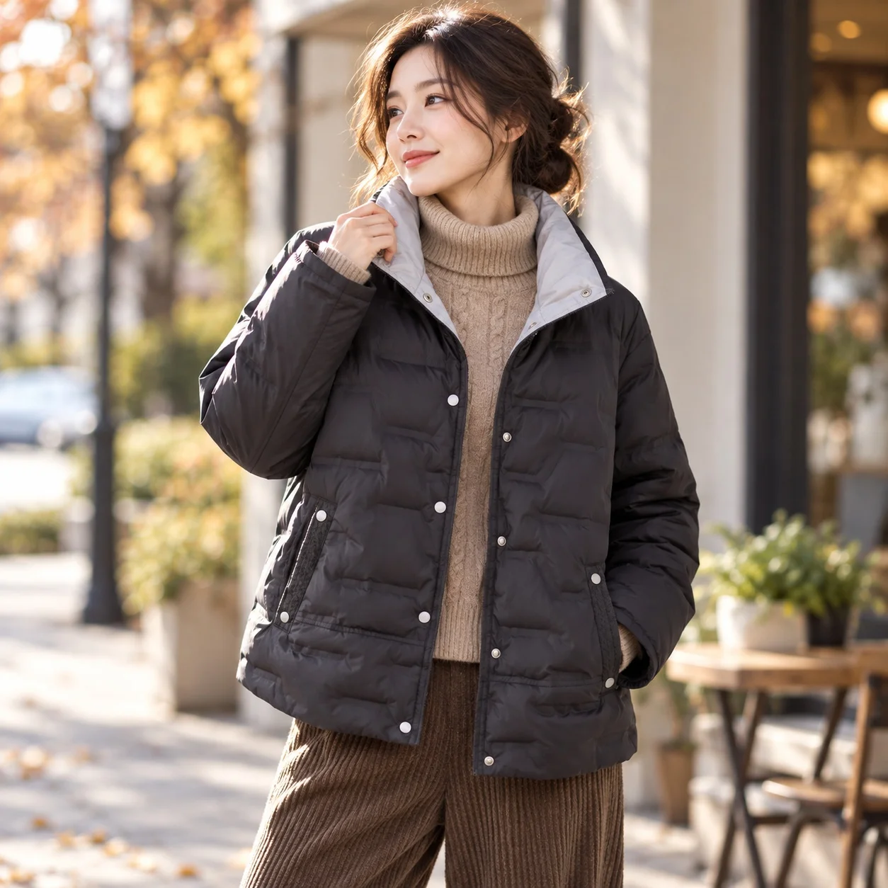 Stand Collar Loose Fit Coat Cropped Professional Style with Short Length Single Breasted Closure Elegant Style Women Coats