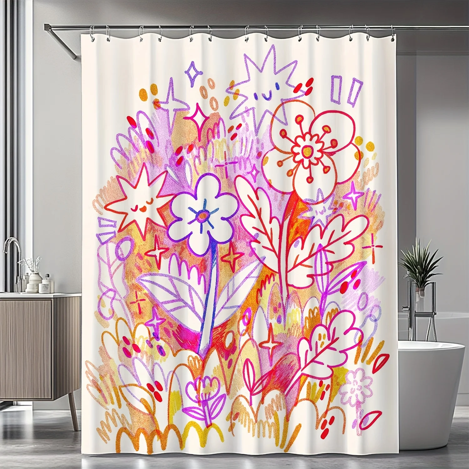 

1 шт. Занавеска для душа с причудливым цветочным принтом и звездным узором — яркий акварельный дизайн, моющийся полиэстер, идеально подходит для современной ванной комнаты