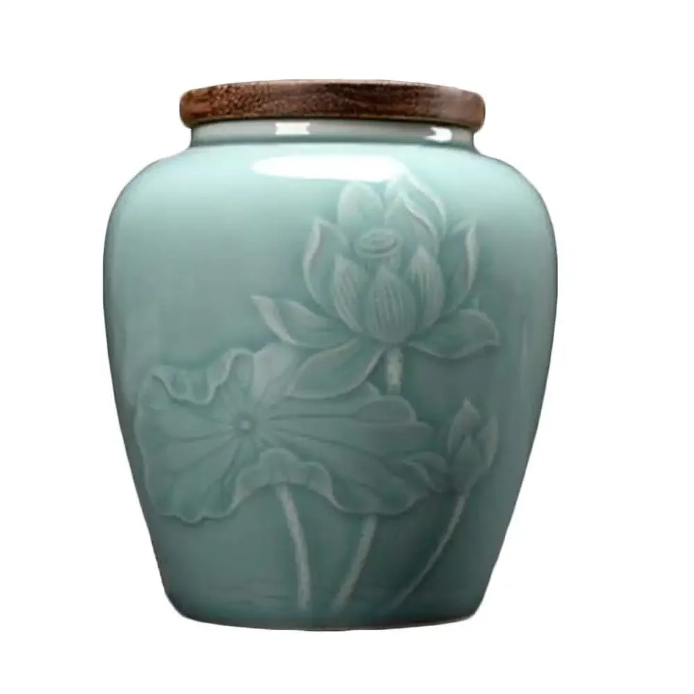 Three-Dimensional Ceramics Embossed Lotus Engraved, Keepsake Cremation Urns for Human Ashes, Large Animal Ashes Remains