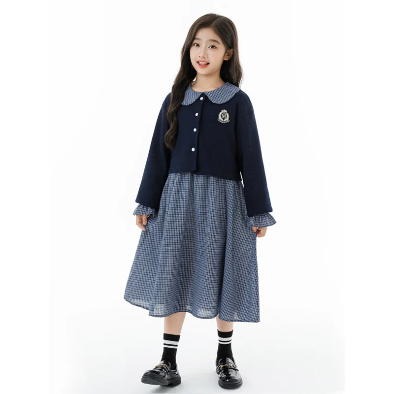Girls' College Style Suit Skirt Korean Houndstooth Dress2025Autumn Long Sleeve Cardigan Jacket Two-Piece Set