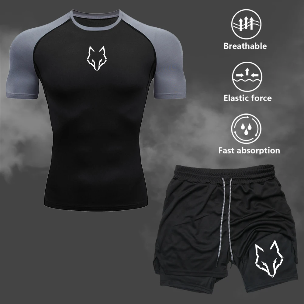 

Мужской комплект с принтом волка: компрессионная футболка и двухслойные шорты на шнурке, эластичные, дышащие, для фитнеса и повседневной носки