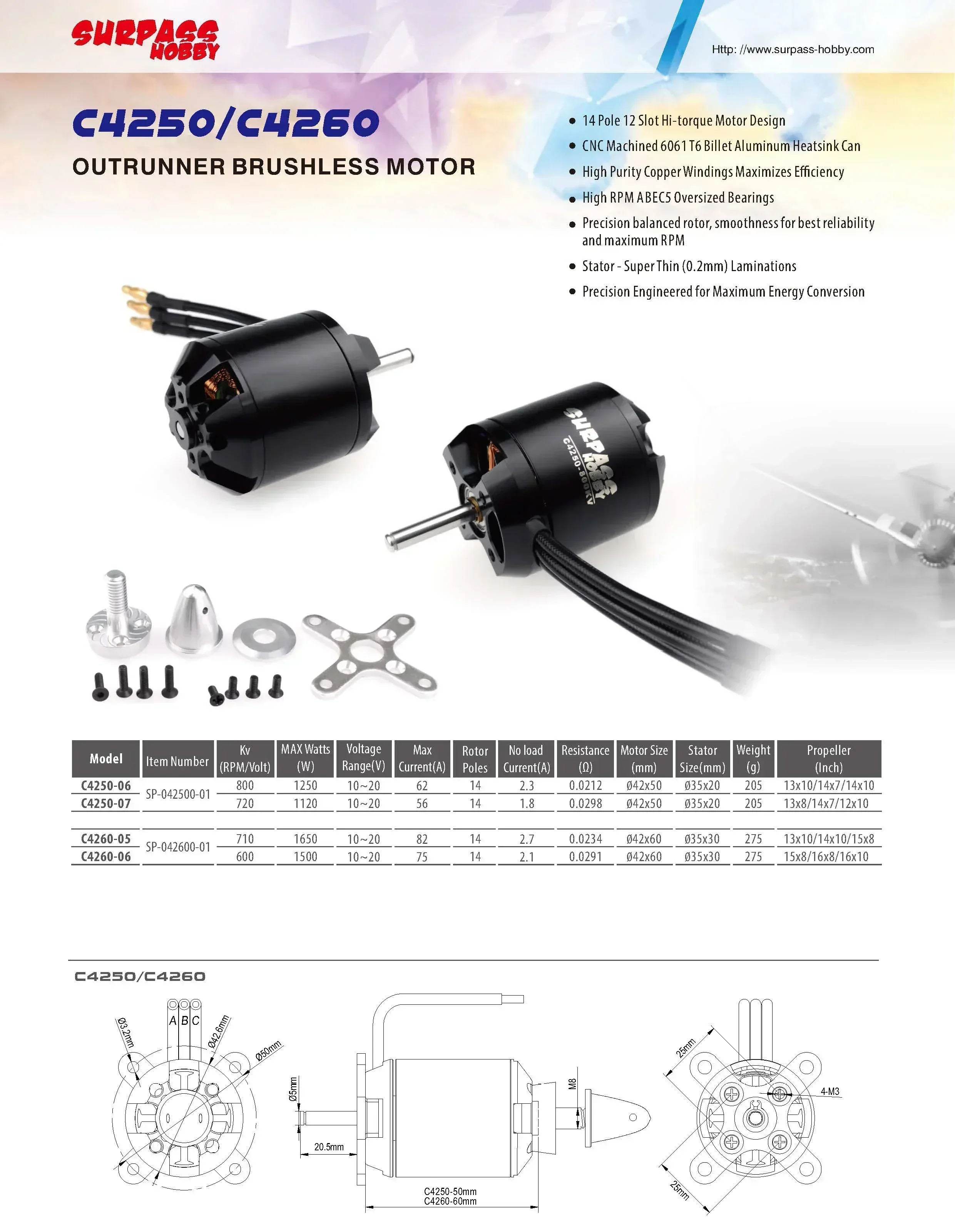 Surpass Hobby 2822 2830 3530 3542 3548 4250 4260 5055 5065 6354 Brushless Motor for RC Fixed-wing FPV Drone Quadcopter Airplane