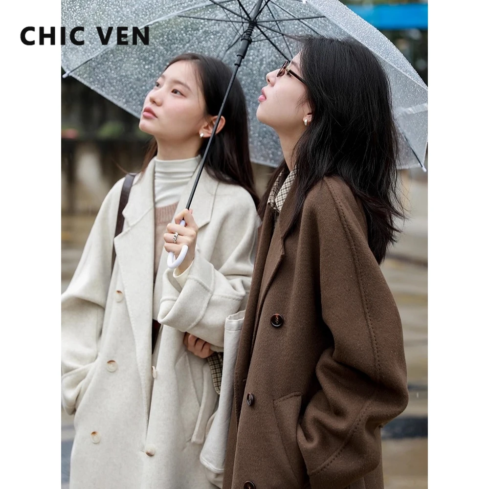 

CHIC VEN Women Long Woolen Coat Loose Casual Double-sided Female Outerwear Double-breasted Ladies Topcoat Autumn Winter 2025