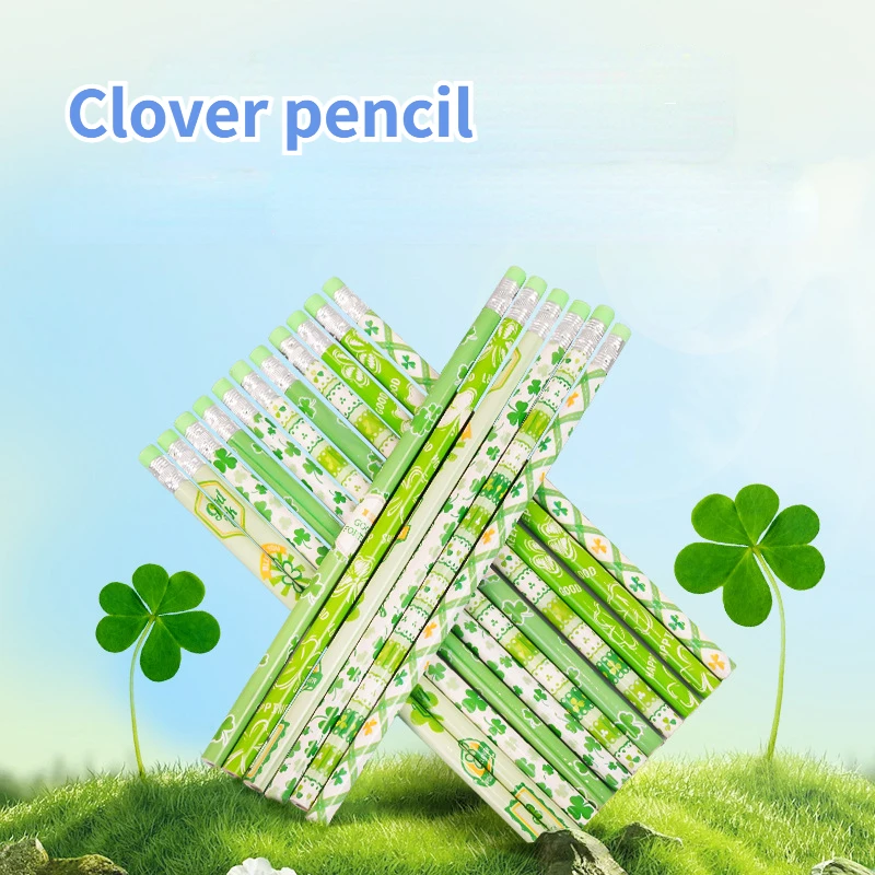 12Pcs Clover Pattern Wooden Pencil HB With Eraser Writing Pencil School Office Stationery Supplies Exam Drawing Pencil