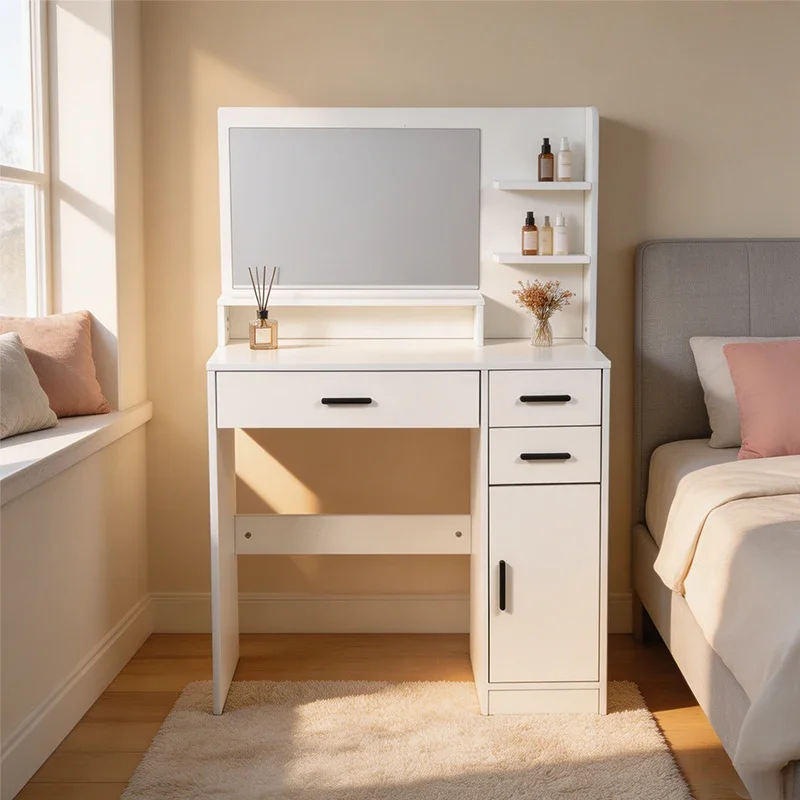 gu-New Arrival Modern White Wood Vanity Desk For Bathroom Makeup Removable 3-Color Lighted Mirror Adjustable Height