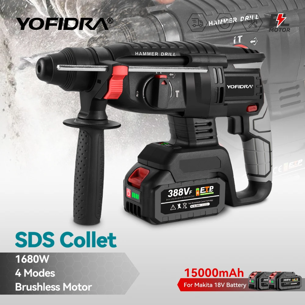 YOFIDRA 1680W Brushless Electric Hammer Cordless Multi-function Drilling Impact Drill Rotary Power Tool For Makita 18V Battery