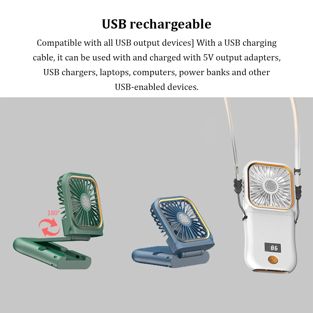 المحمولة الرقبة مروحة USB قابلة للشحن مروحة التبريد العرض الرقمي المصغر Ventilador للطي معلق الرقبة برودة كتم الرقبة مروحة