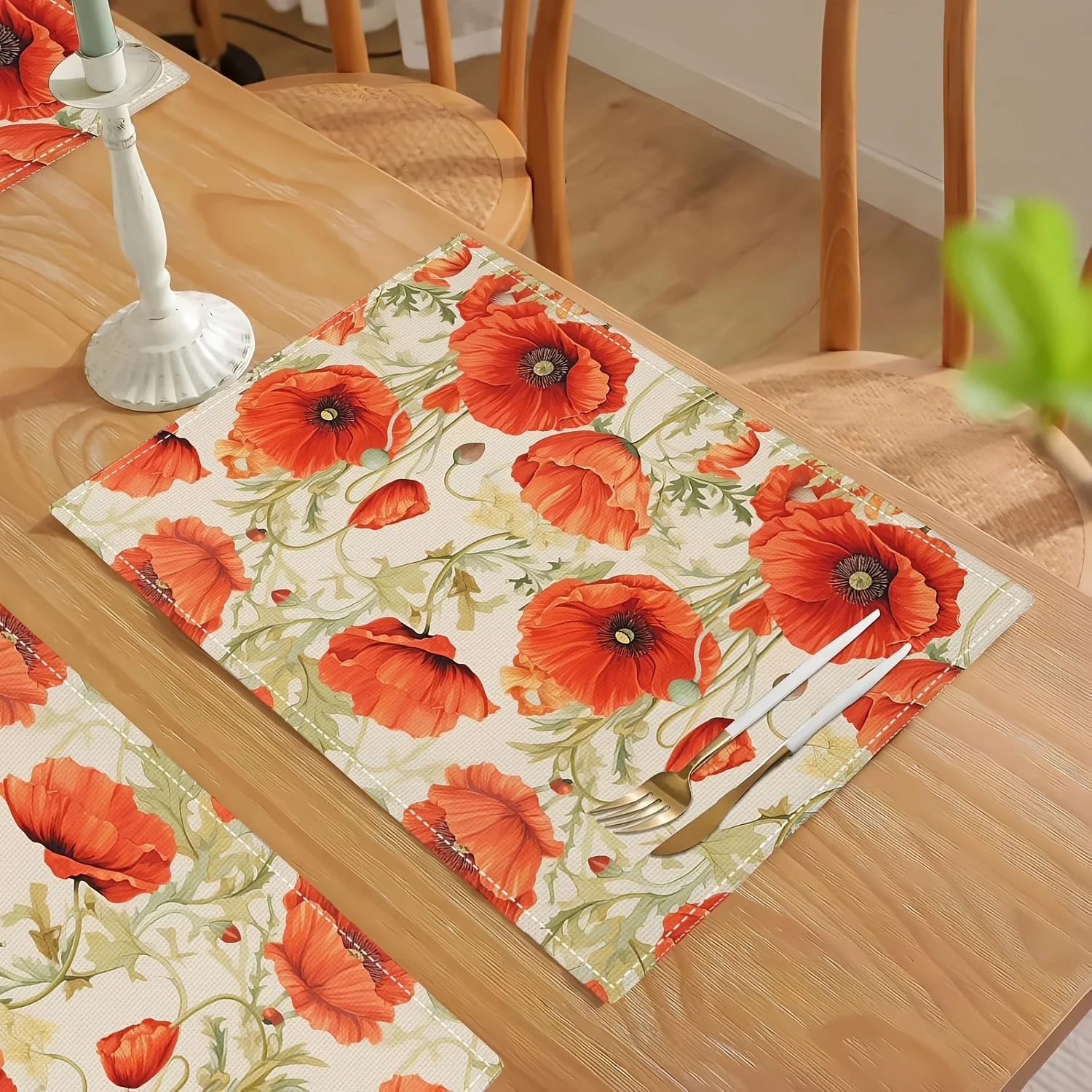 Rustic Floral Polyester Placemats,Hand Washable Table Mats with Botanical Flower and Butterfly Design for Dining & Kitchen Decor