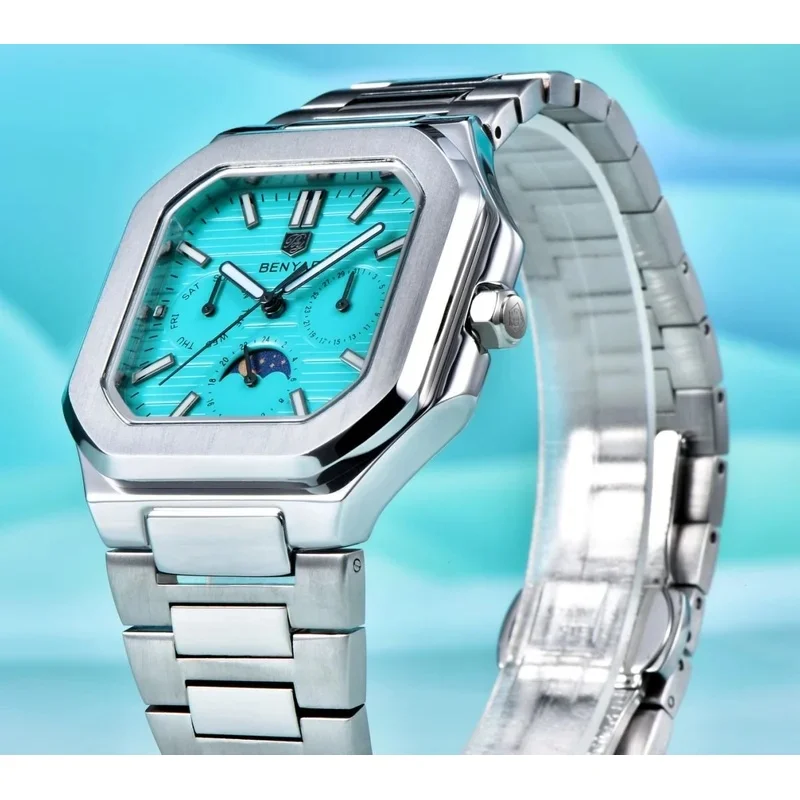 BENYAR Mens Square Watch Quartz Wristwatch Moon Phase Date Week 24 Hours Display Steel/Leather Strap Waterproof Luminous