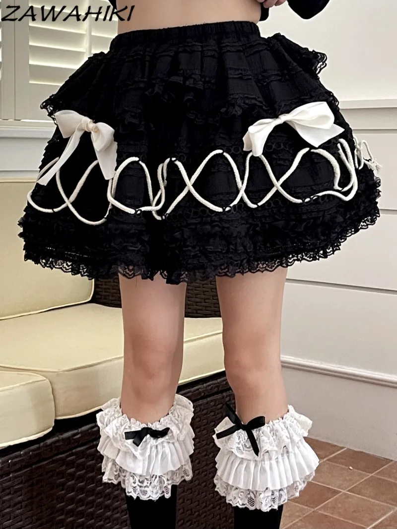 Black Women's Skirts Temperament Vintage Bandage Falda Sweet White Bow Lace Skirt Pleated Patchwork Contrast Color Mujer Faldas