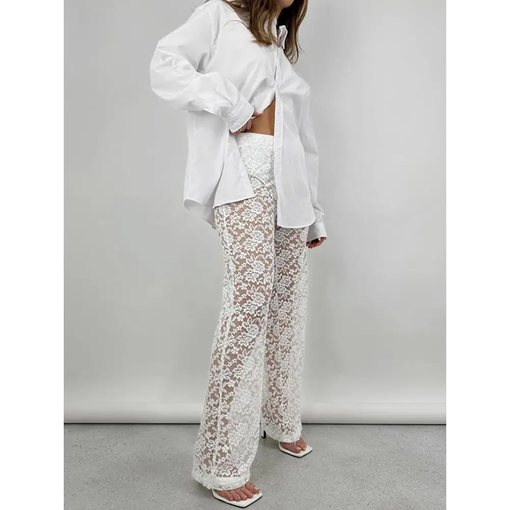 Calças Casuais de Cintura Alta com Renda Translúcida, Modelagem Slim, Estilo Street, Perna Reta Assimétrica para Mulheres de Meia-Idade, Poliéster F...