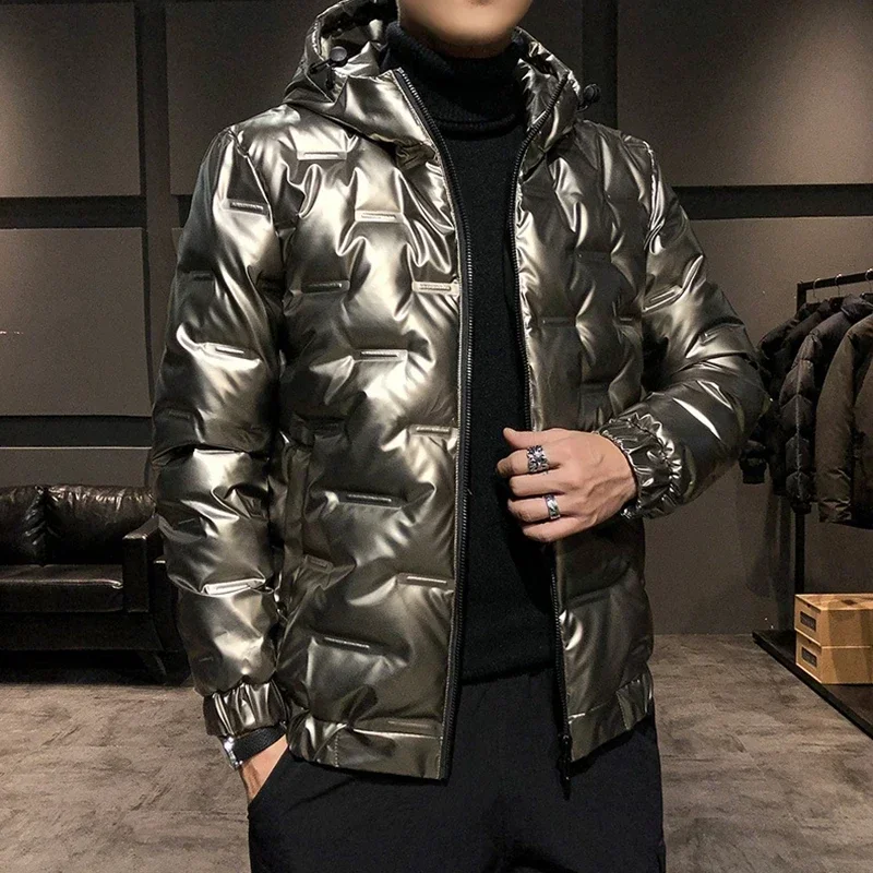 Men\'s Shiny Down Parka Coats Windbreaker Youth Casual Slim Hooded Puffer Jacket Male Winter Warm White Duck Down Jackets Outwear