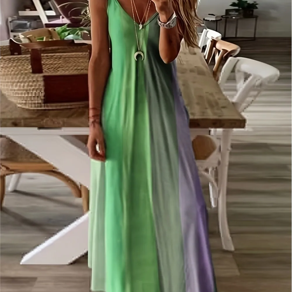 2024 Summer Women Colorful Gradient Spaghetti Strap Party Dress New Boho V-neck Beach Long Maxi Dresses S-5XL Cami Dress