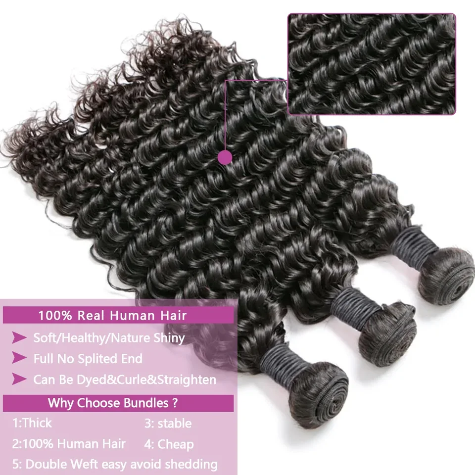 Paquetes de cabello humano brasileño con ondas profundas, 24/26/28 pulgadas, 100% humano 3