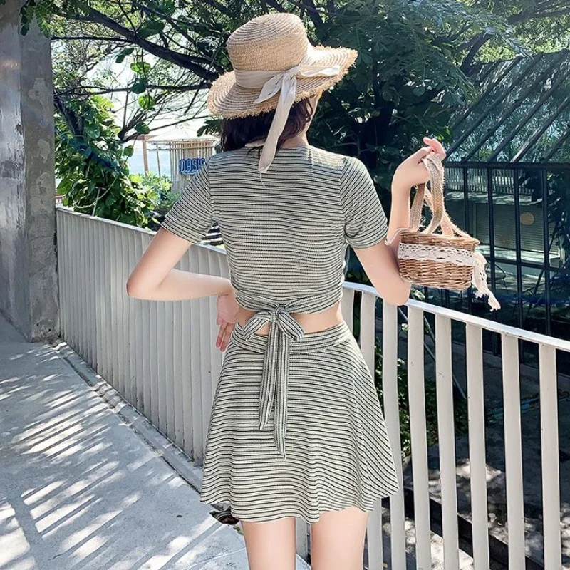 Bikini Setss Women Chic Striped Sweet Girls Beach Style Summer Casual Swimwear Vacation Comfortable Lace-up Simple Ulzzang Daily