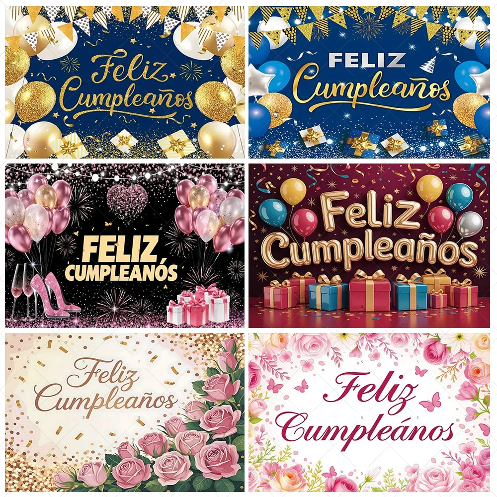 

Spanish Happy Birthday Background Colorful Gifts Balloons Backdrop Supplies Kid Adult Birthday Party Decoration Photography Prop